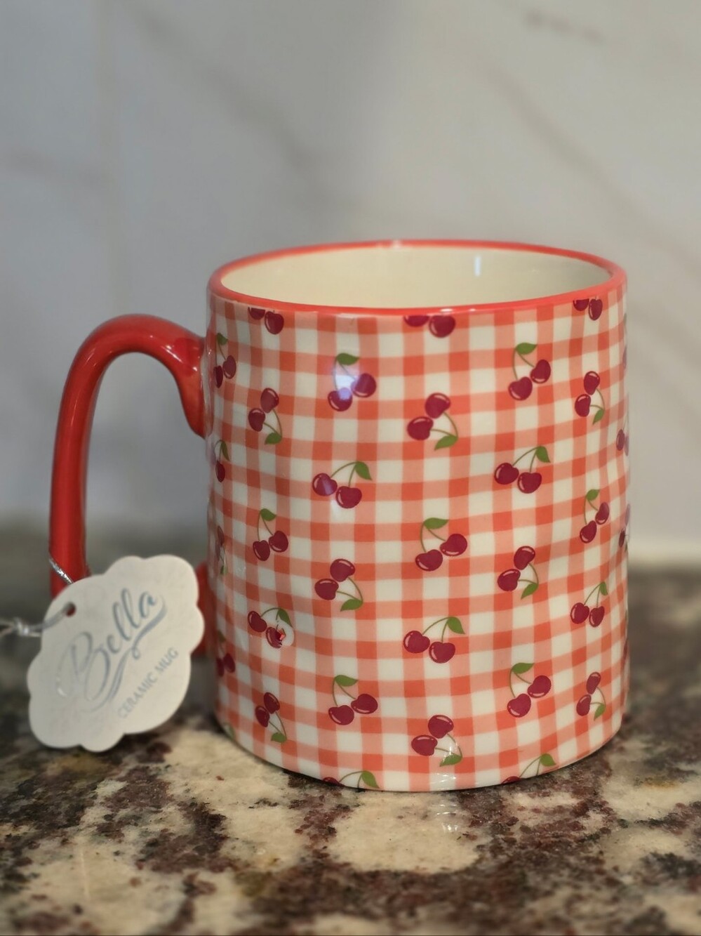 10 Strawberry Street Bella Ceramic Mug with Cherry Gingham Design